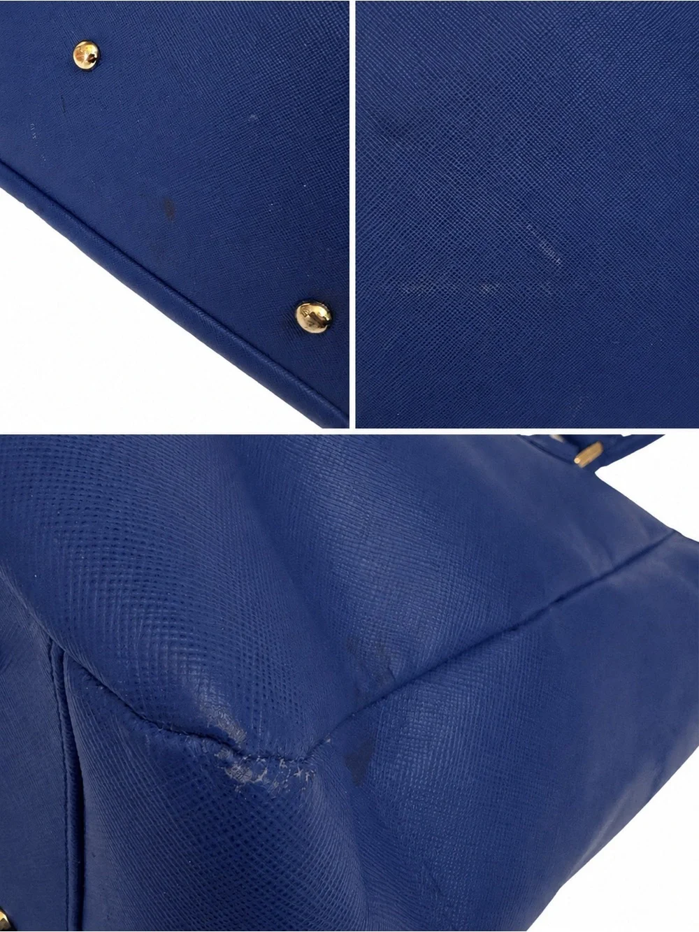 St. John XL Blue Saffiano Leather Work Tote Shopper Bag Gold Logo